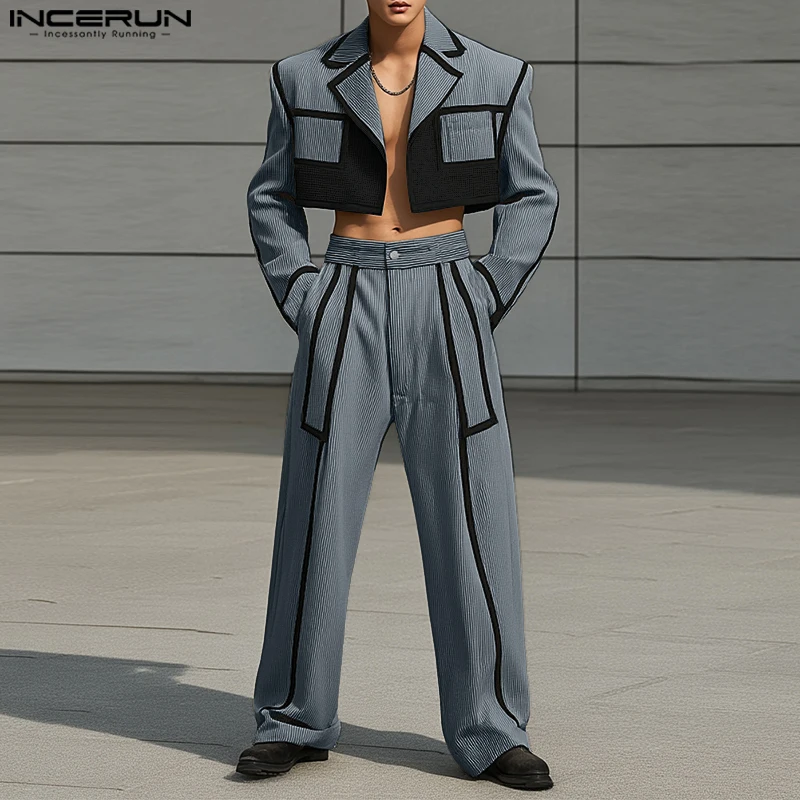 

INCERUN Men Sets Corduroy Patchwork Lapel Long Sleeve Crop Jackets & Pants Two Pieces Sets Streetwear 2025 Fashion Men's Suits