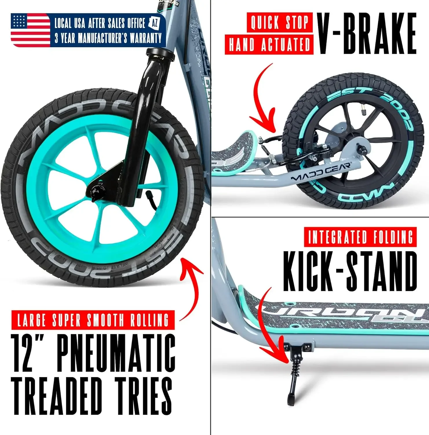 Grand trottinette pour adultes, adolescents et enfants de 8 à 12 ans avec béquille - Pneus remplis d'air de 12", pont large, cadre en acier léger - Urb