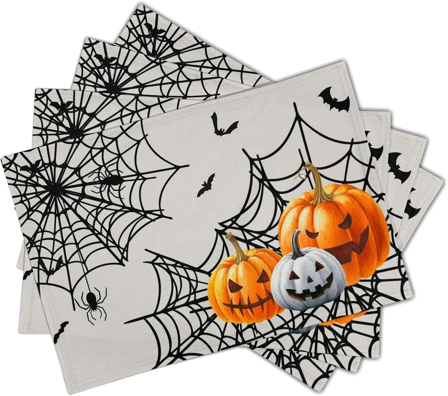 Halloween Placemats, Colorful Spooky Pumpkins Spider Web Bats Linen Place Table Mats Washable Stain Resistant For Kitchen