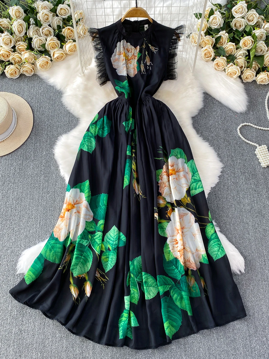 Vestido de Verano con Cuello Redondo y Estampado para Mujer, Manga con Volantes, Cintura Alta, Falda en Línea A, Estilo Corea...