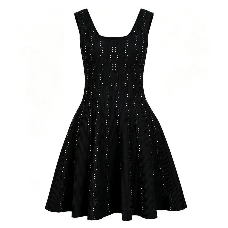 

Summer New Sleeveless Knitted Vest Dress Short Flared Skirt Women's Elegant Pearl Embellished Midi Dress Citywalk Style
