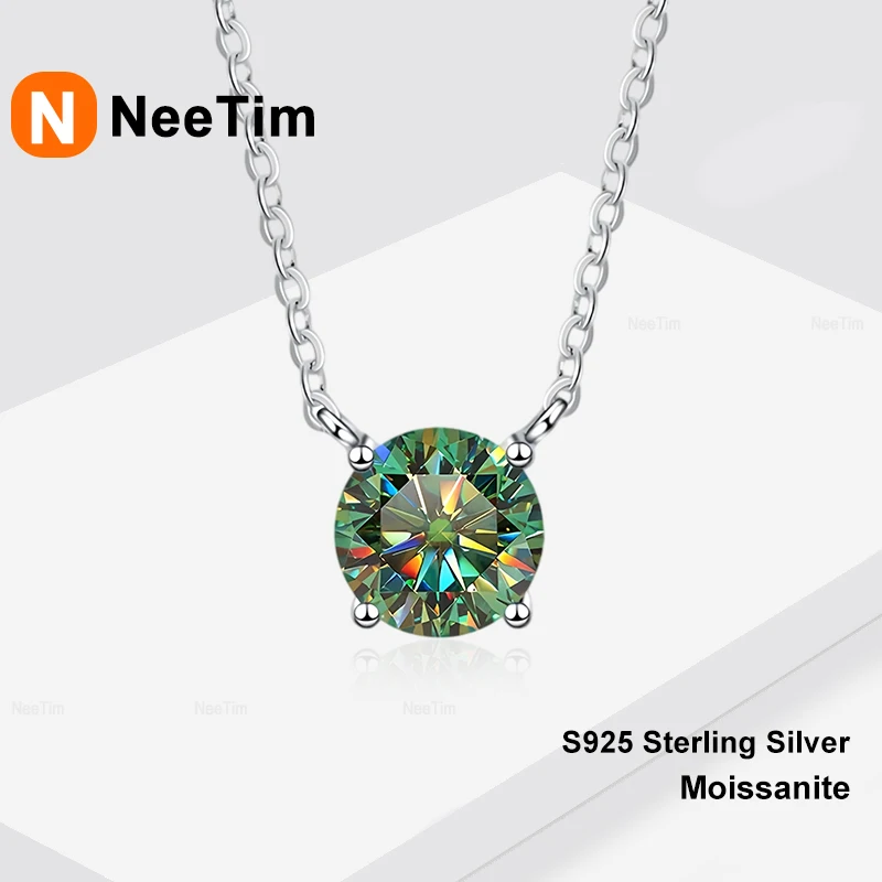 NeeTim 1ct 2ct 3ct Green Pink Blue Moissanite Necklaces for Women 925 Sterling Silver Wedding Party Neck Chain Woman's Necklace