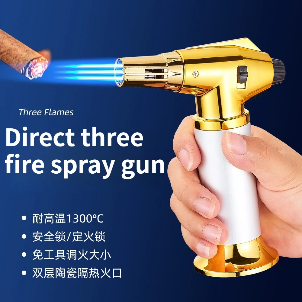 Outdoor Portable and Powerful Three Fire Straight Forward Cigar Spray Gun Camping Barbecue Portable Igniter Cigarette Accessorie