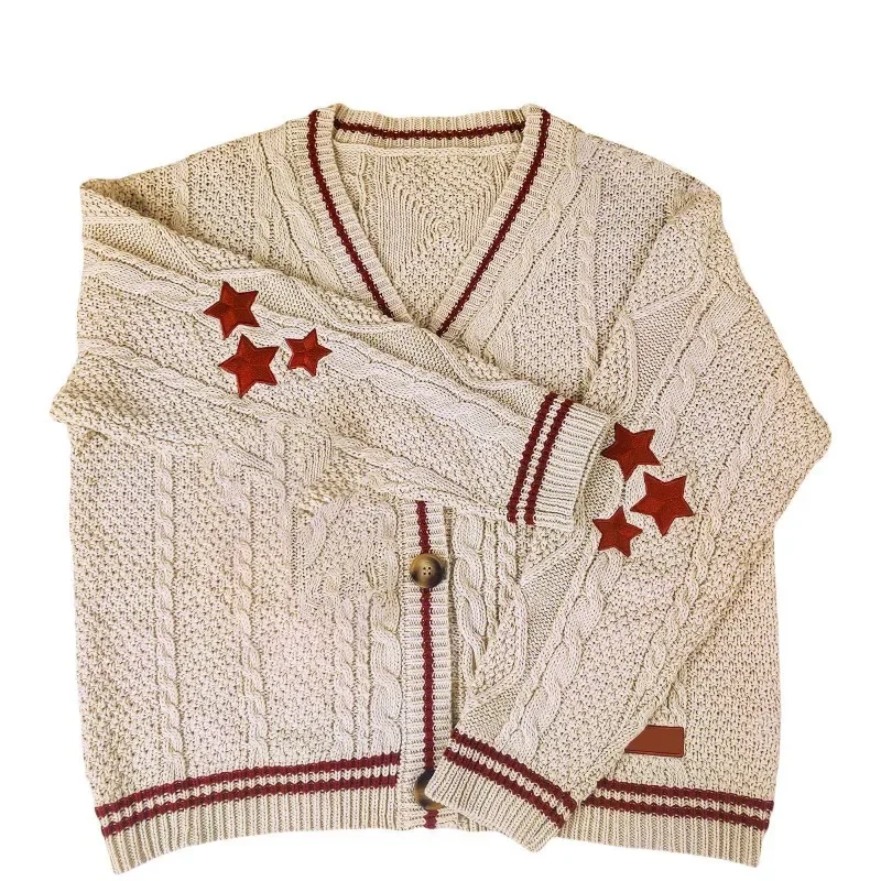 Deeptown Vintage Beige Swift Knit Cardigan Women Y2K College Oversize Star Embroidery Sweater Folklore Knitted Jumper Korean