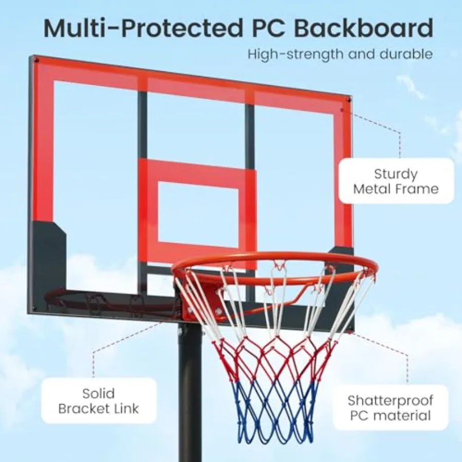 ห่วงบาสเก็ตบอลแบบพกพาสำหรับใช้งานกลางแจ้ง พร้อมระบบปรับความสูงได้ตั้งแต่ 3.3 ถึง 7 ฟุต พร้อมแผ่นหลังกันกระแทกและล้อสำหรับ E