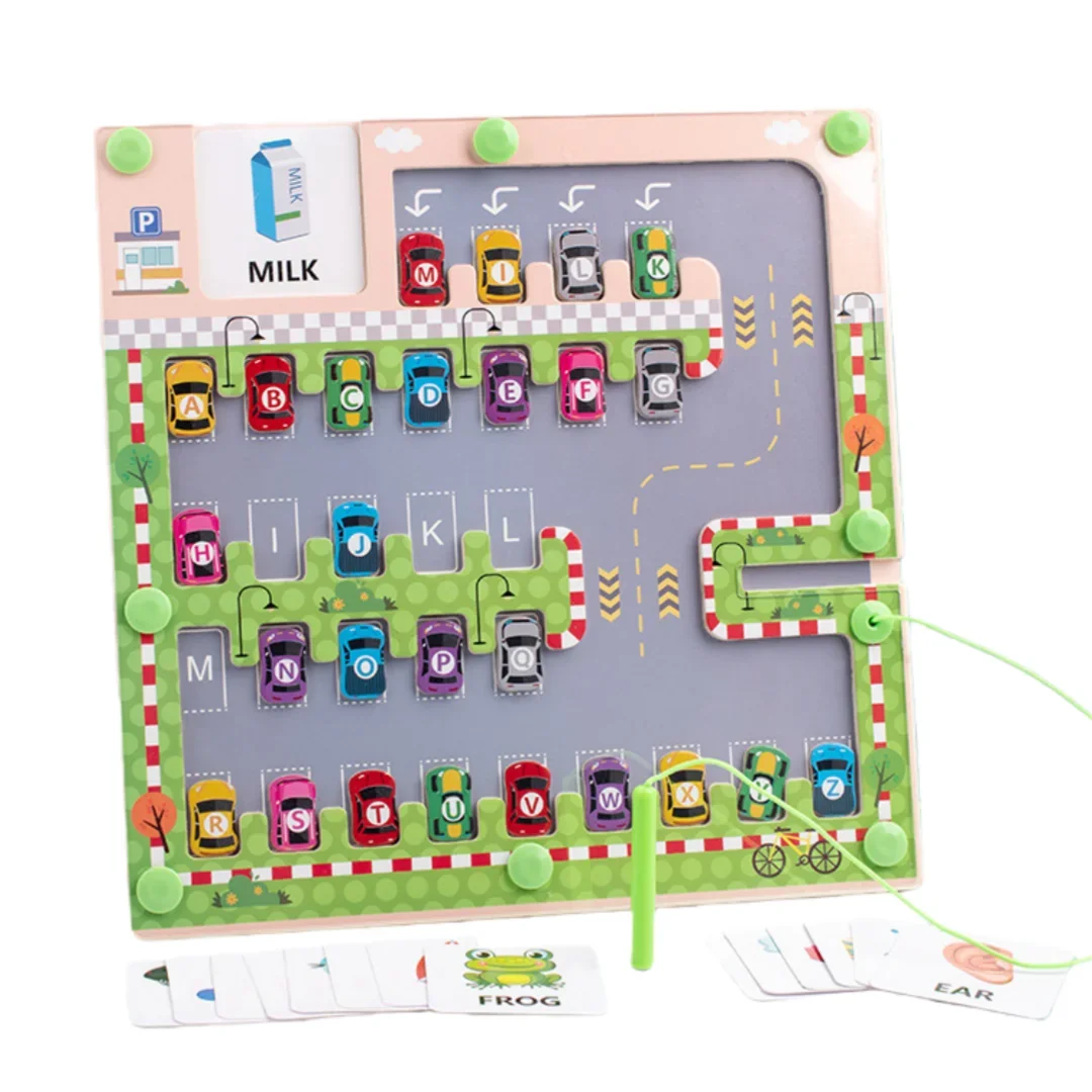 Magnetyczny labirynt samochodowy z alfabetem, zabawki Montessori, nauka liter ABC, zabawki edukacyjne dla najmłodszych, nauka słów w przedszkolu, zabawki rozwijające motorykę małą dla dzieci.