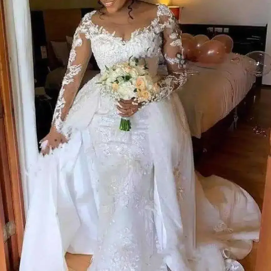 Vestido de casamento personalizado com apliques de renda, robe de casamento, mangas compridas, espartilho, costas, vestidos de noiva com trem destacável