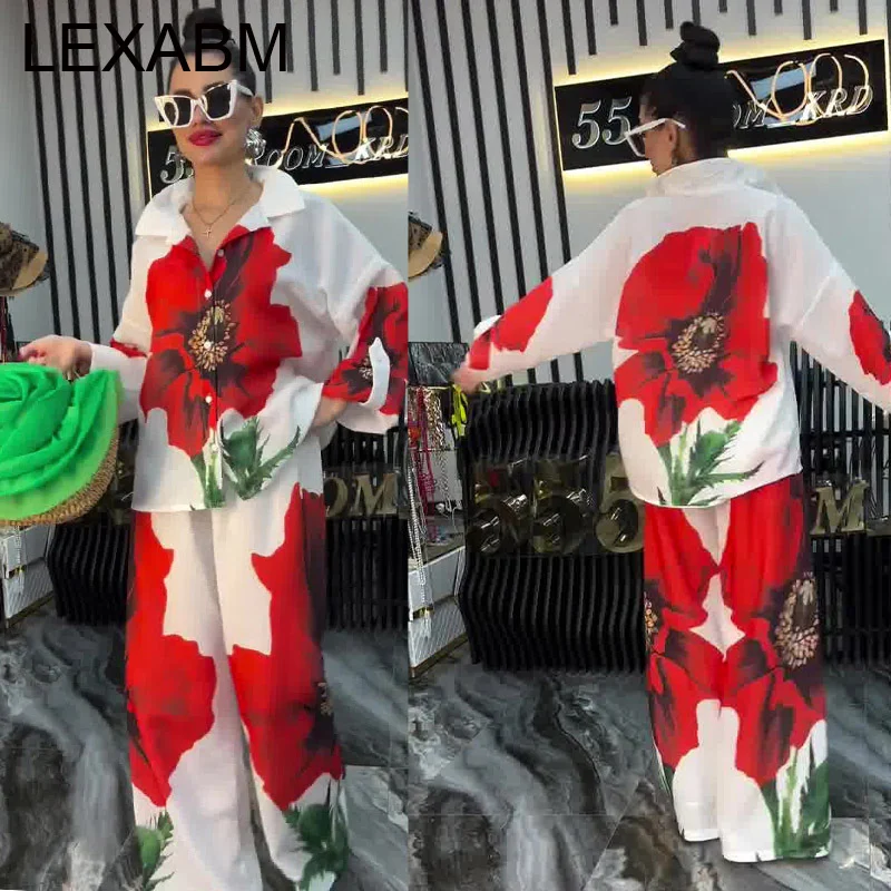 

Широкие брюки с большим цветочным принтом, комплект из 2 предметов, женская элегантная блузка с отложным воротником и длинными рукавами, наряды, Vestidos Streetwear 2025