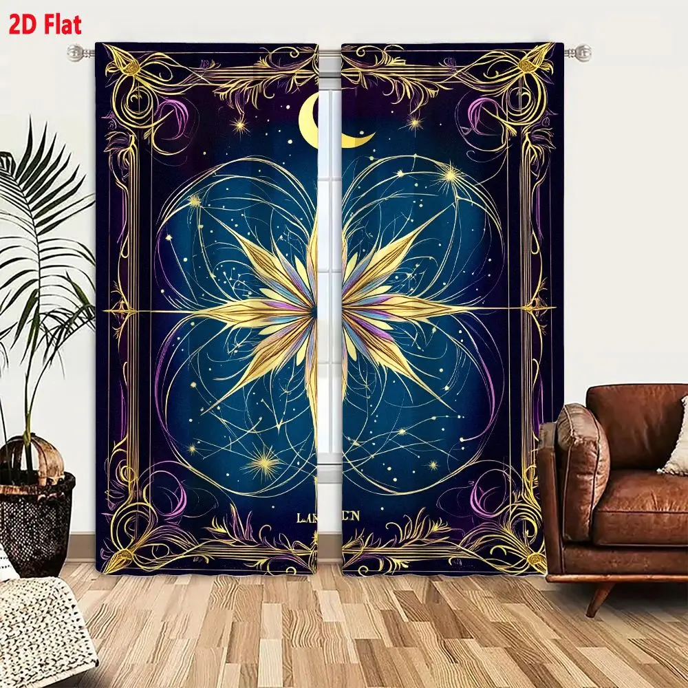 2Pcs Curtains 2D Flat Celestial Starburst With Golden Crescent Moon And Filigree Border Mystical Art Window Drapes for Bedroom R