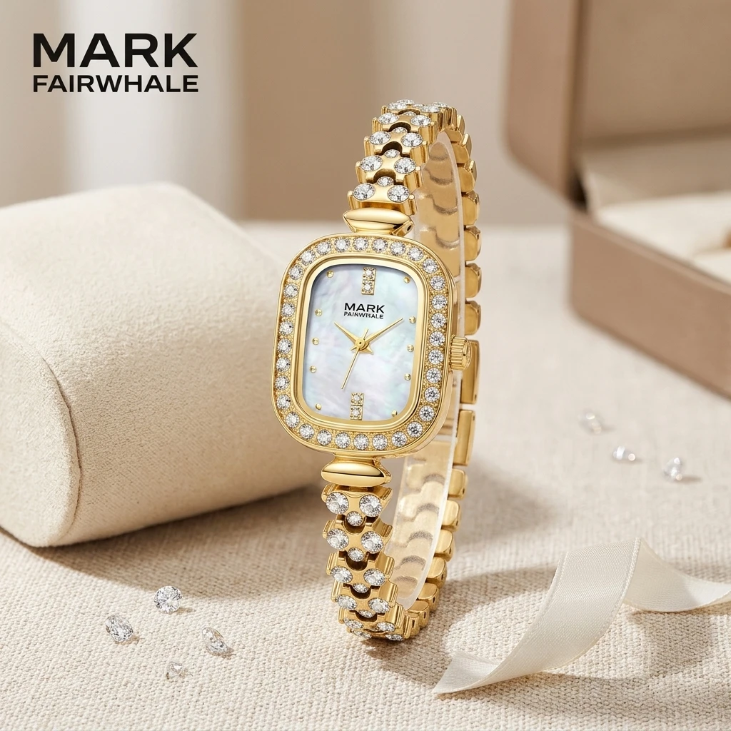 MARK FAIRWHALE Ladies Wrist Watch Quartz Movement Oval Case Mother of Pearl Dial Rhinestone Bracelet for Women