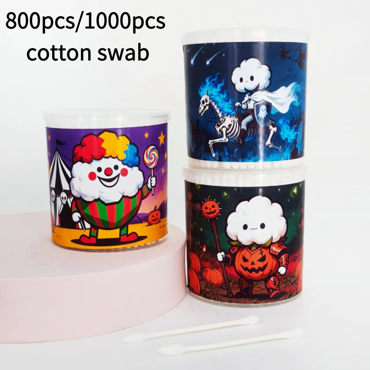 800개/1000개 할로윈 테마 모델링 면봉 실린더 박스 화이트 코튼 볼 휴일 선물 코튼 볼