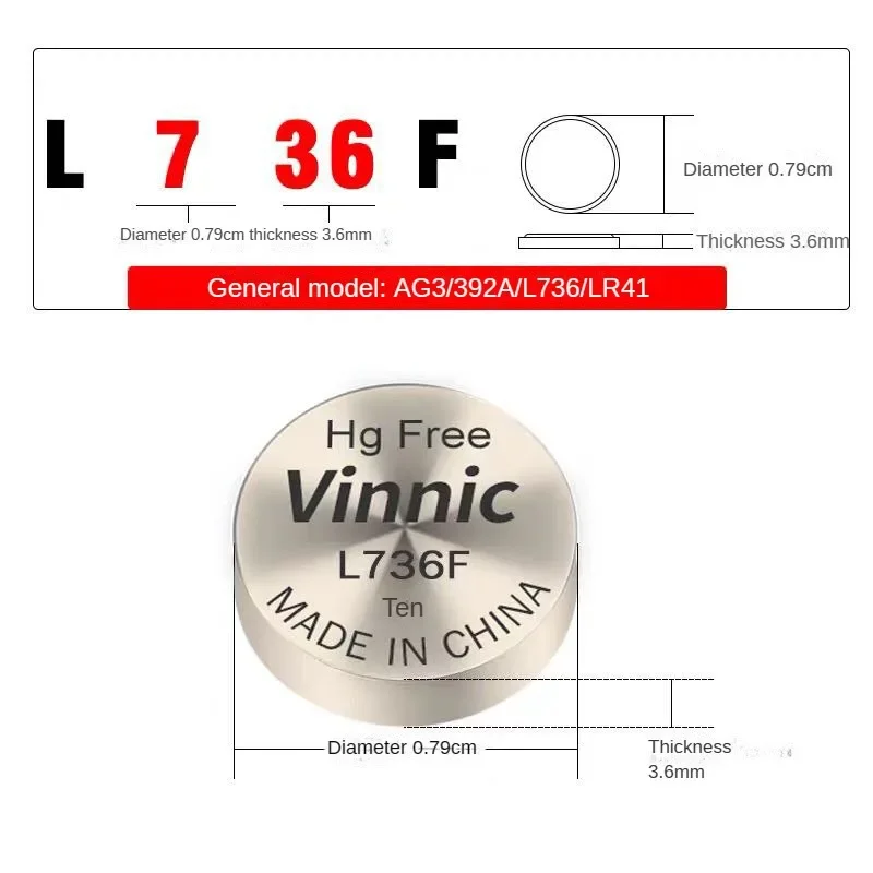 VINAlfred-Pile bouton L736F 24.com, AG3, LR41, 39Pipeline, 1.5V, 43mAh, pile au lithium pour thermomètres, montre, jouets, 10-30 pièces