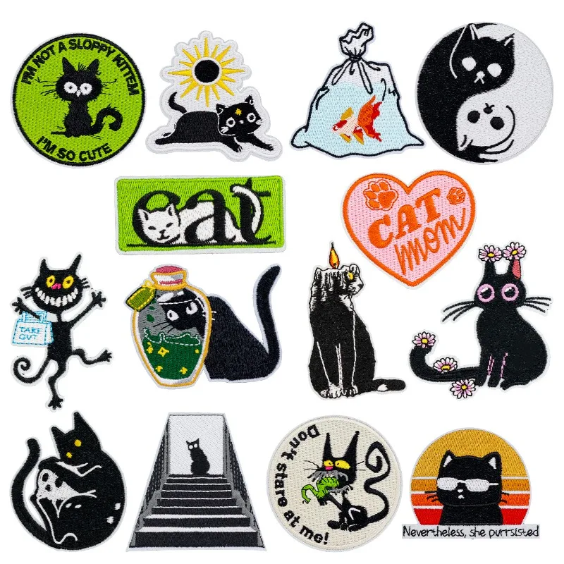 

Funny Black Cat Round Heart Iron-on Sew Embroidery Badge Patches DIY T-shirt Hat Backpack Clothing Appliques Sticker