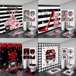 Valentine's Day Shower Curtain, Rose High Heels Lipstick Perfume Bottle Black and White Striped Romantic Bath Mat Bathroom Decor