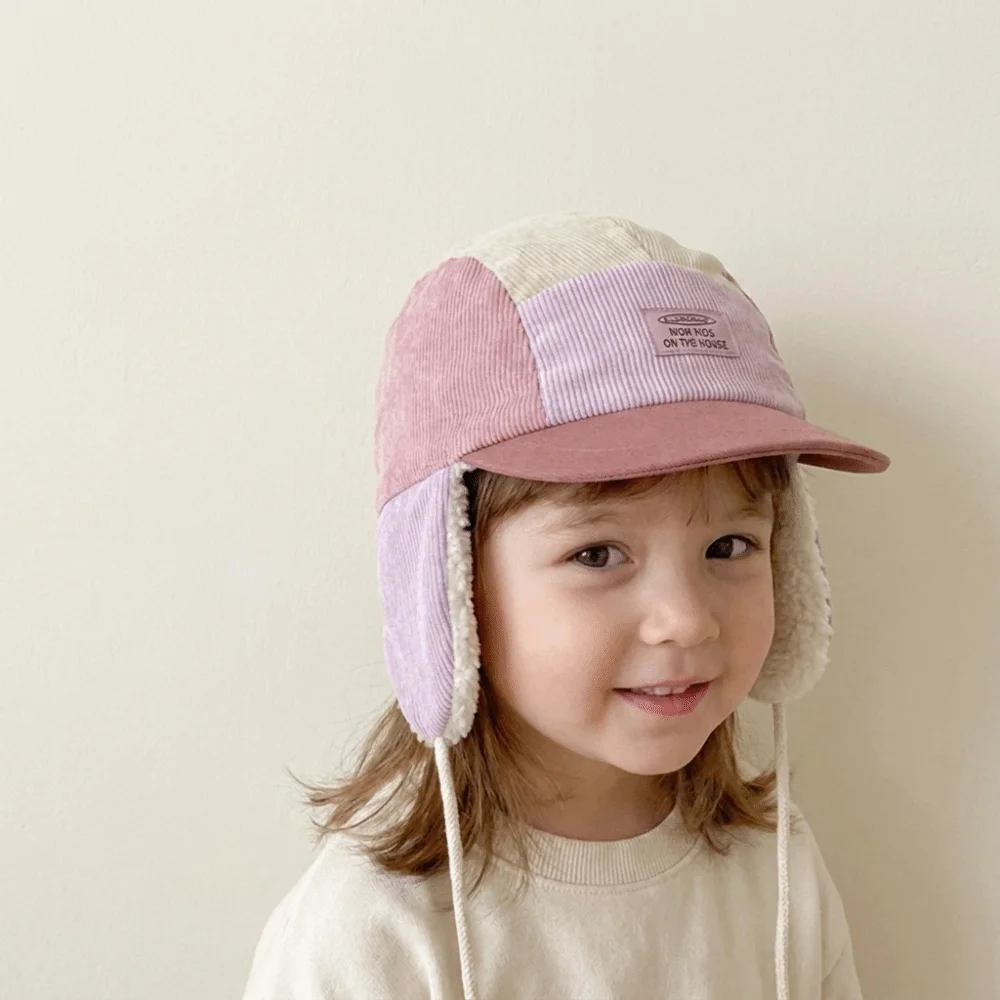 Cozy Warmth Patchwork Trapper Hat Lining Corduroy Warm Ski Hat Earflaps Thermal Winter Hat Outdoor Play