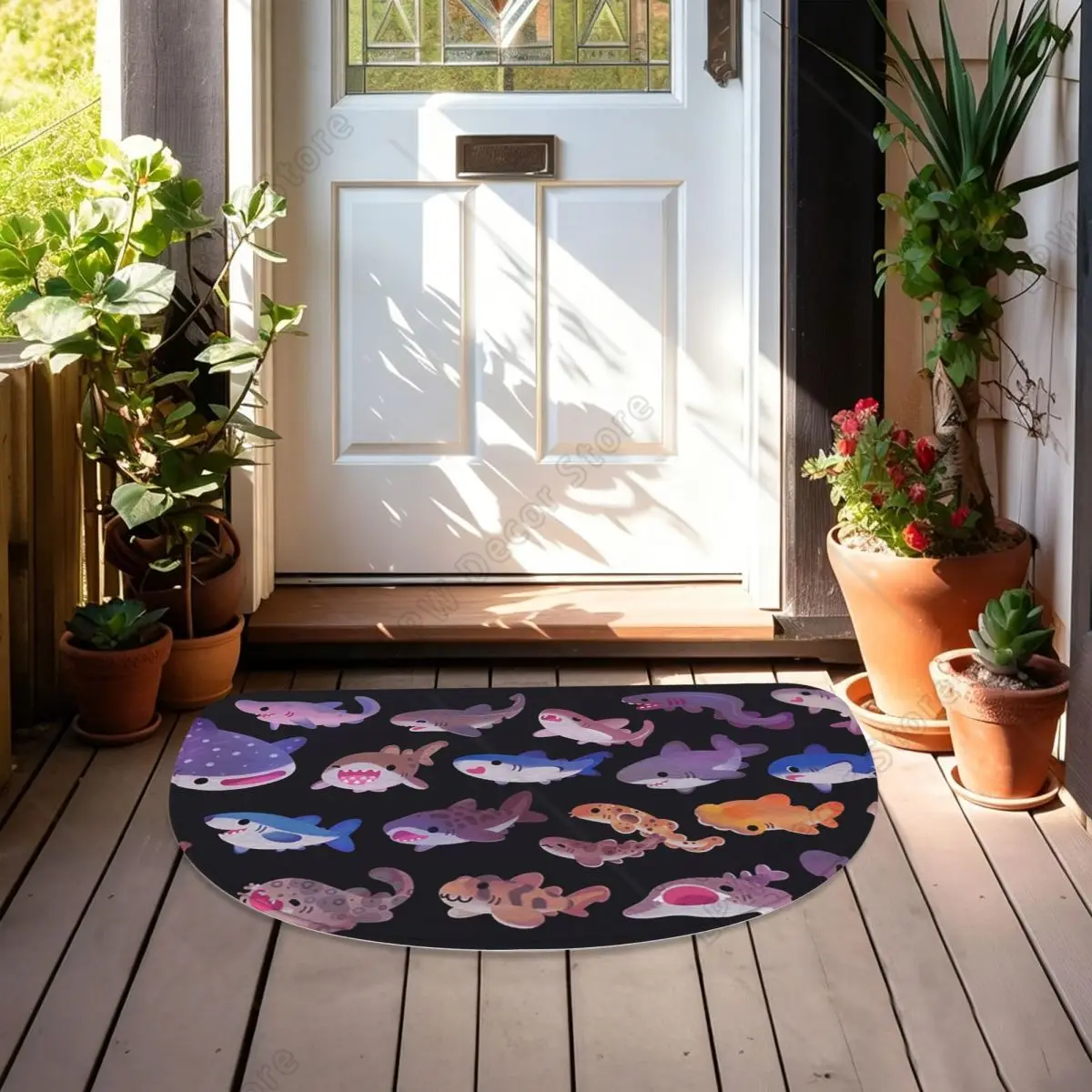 Shark Day Soft Flannel Half Round Doormat Non Slip Bathroom Mat Absorbent Floor Carpet for Garage