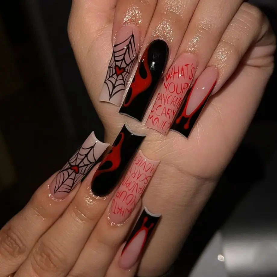 24 Stück Europäische Lange Sargförmige Aufklebenägel Gotisches Dunkles Schwarzes Spinnennetz-Design Französische Künstliche Nägel Halloween Tragbare Falsche Nägel