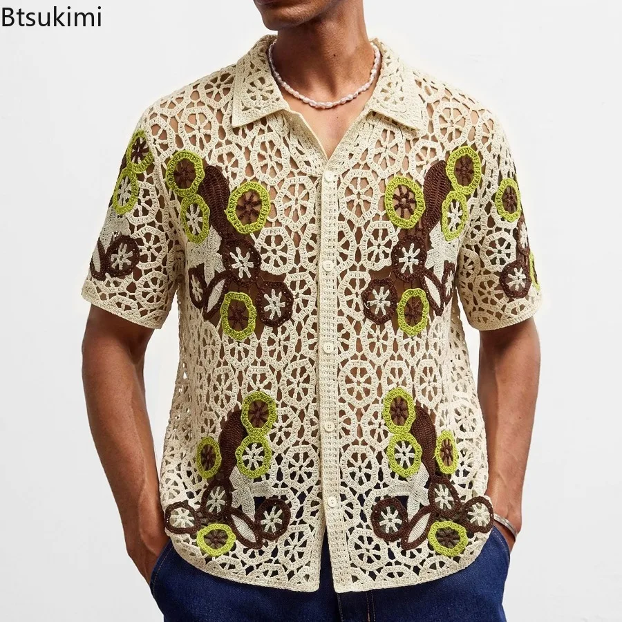New Fashion Men's Casual Knitted Cardigans Summer Short Sleeve Crochet Hollow Out Polo Shirts Male Streetwear Retro Casual Tops