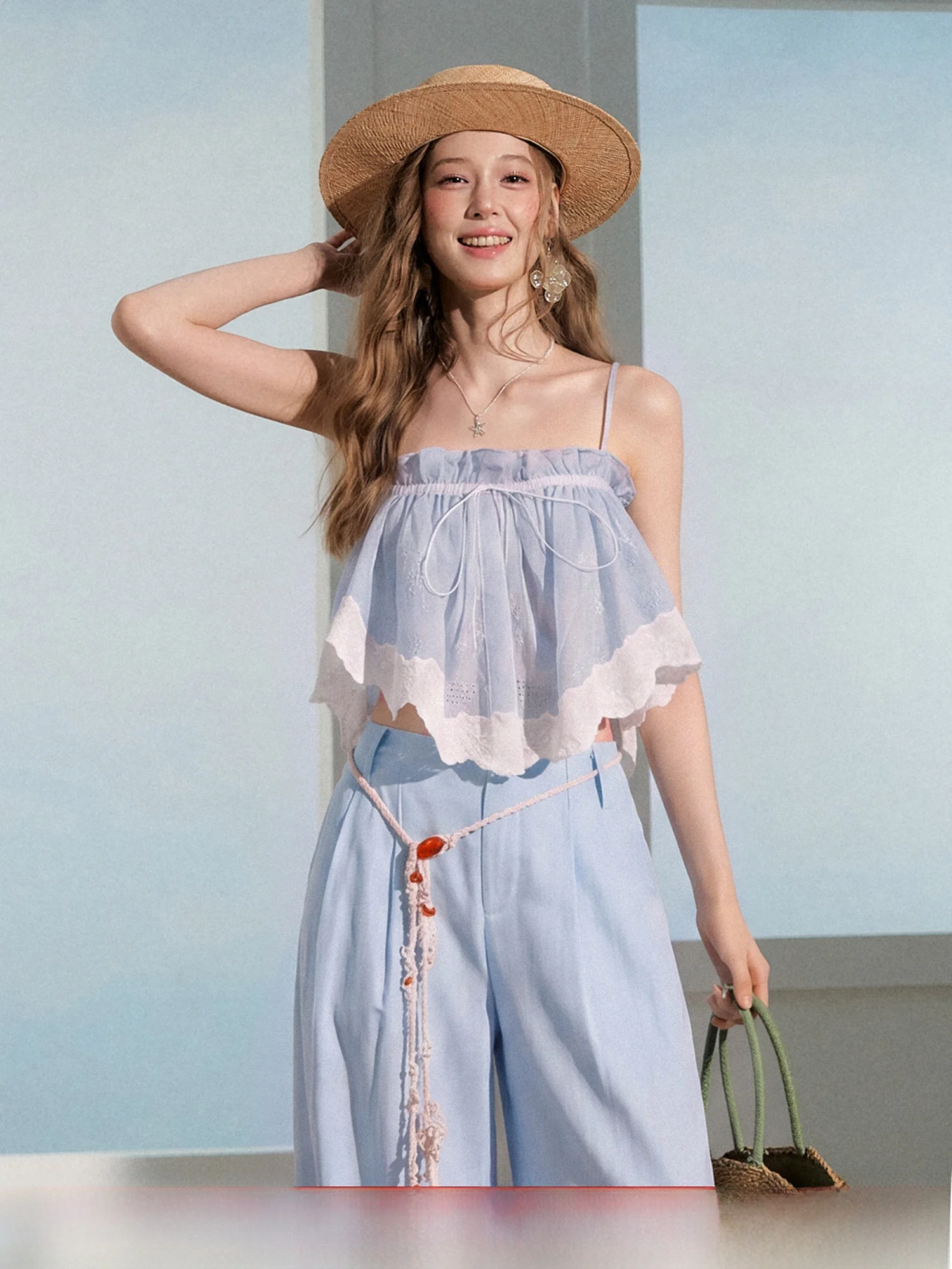 RECOIN R1C Blue Lace Trim Summer Outdoor Wear Women's Casual Pants Set Strapless Vest Top Short Style Other Material 100%