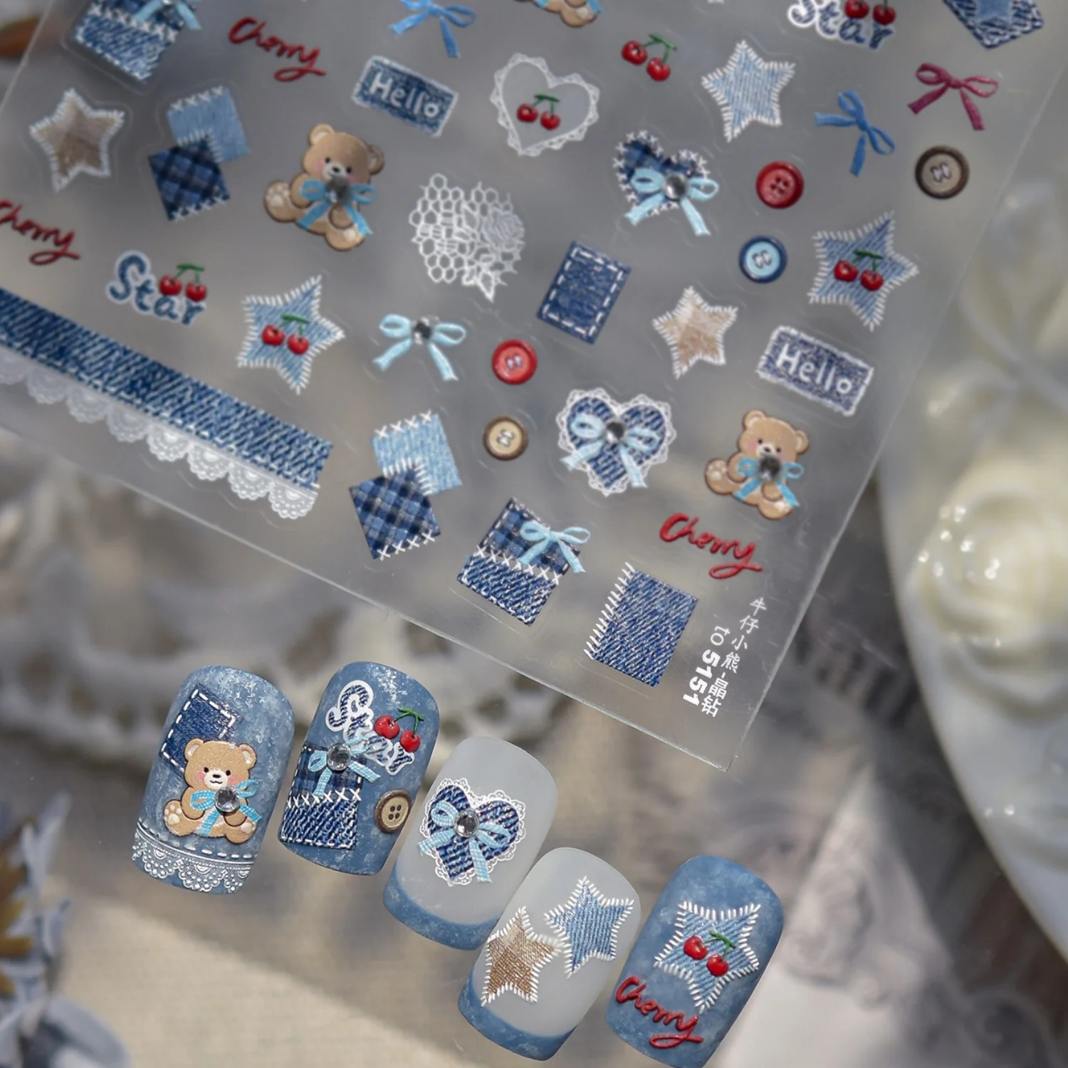 Blue Denim Button Fabric Art Cherry Lace Bear Bowknot Love Heart Star Self Adhesive Nail Art Stickers Manicure Decals Wholesale