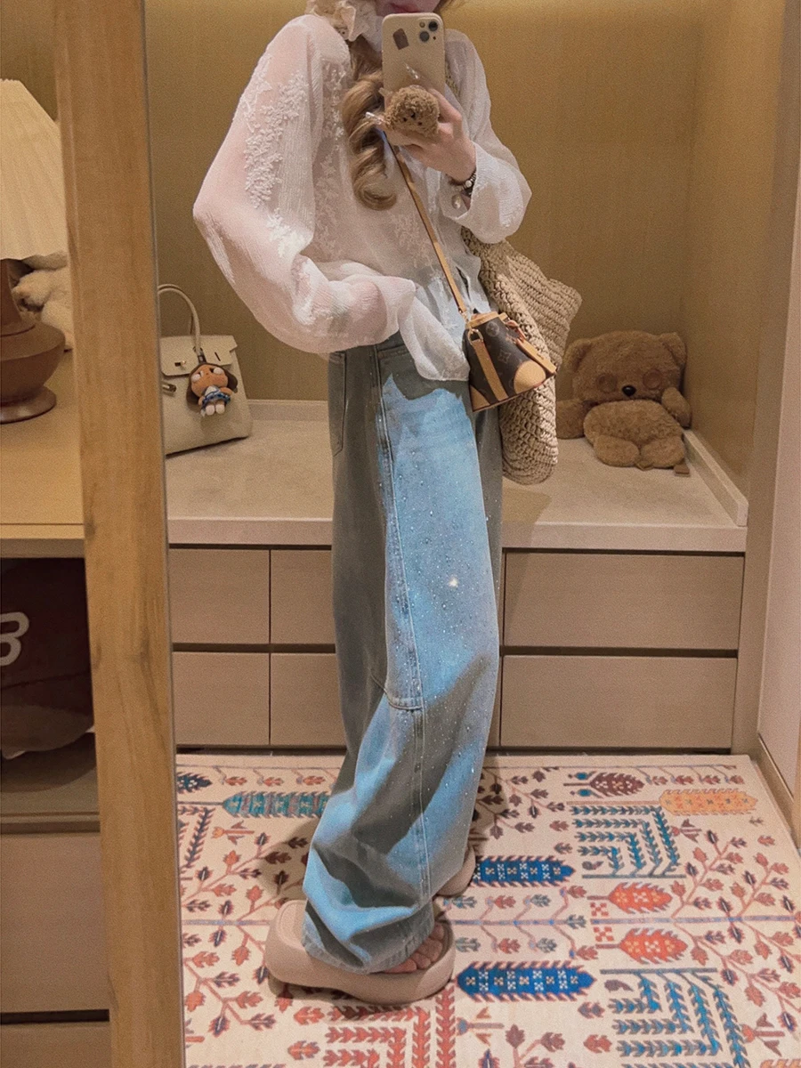 

Shiny Casual Light Blue Denim Jeans Yukiss Structure Knife Straight Leg Women's Fashion Spring Season Elastic Natural Waist