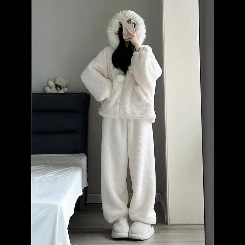 

Winter Plus Size Women Pajama Set Coral Fleece Thicken Keep Warm Homewear Wearable As Outerwear Sleepwear Plush Hooded Nightwear