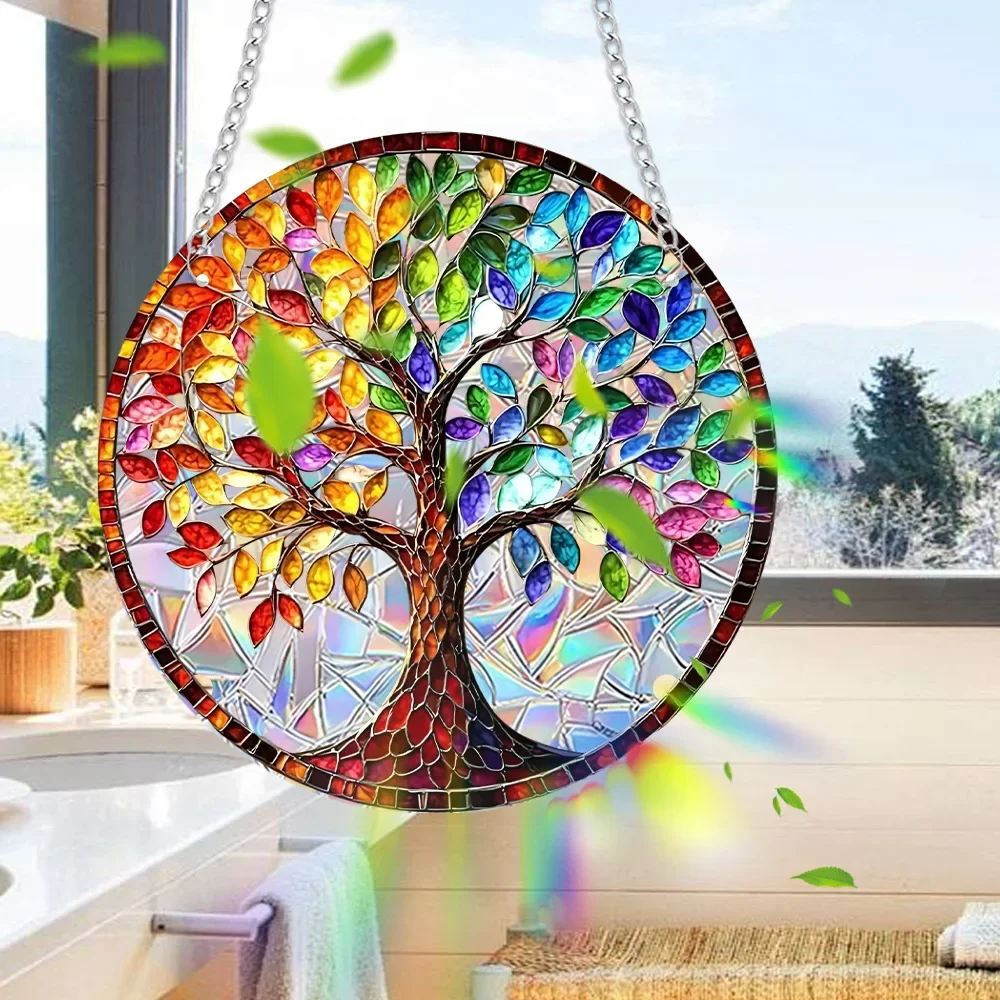 Life Tree Sunlight Catcher Window Hanging Acrylic Color Film Trend Round Pendant Outdoor Indoor Garden Balcony Home Room Crafts