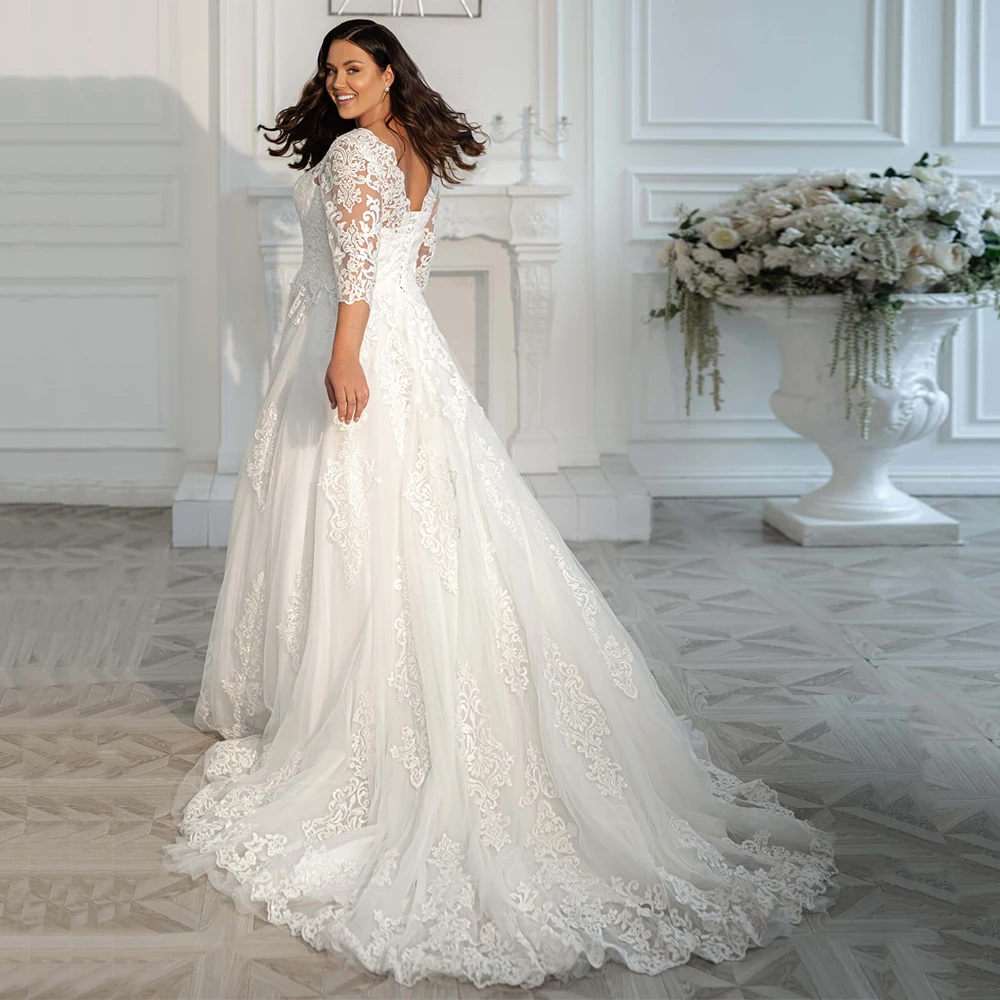 Plus Size Wedding Dress 3/4 Long Sleeve Lace Applique O‑Neck A‑Line Tulle Bridal Gown SweepTrain Vestidos De Novia Custom Made