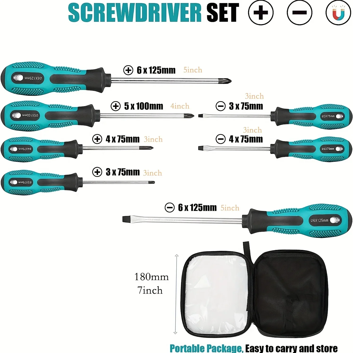 Magnetic Screwdriver Set Professional Cushion Grip 5 Flat Head and 4 Phillips Tips Screwdriver Non-Slip for Repair