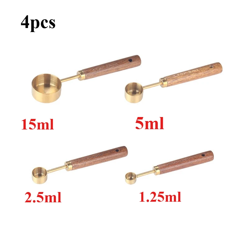 Stainless Steel Measuring Cup Wooden Handle Gold Color with Scale Multifunctional Baking Measuring Spoon