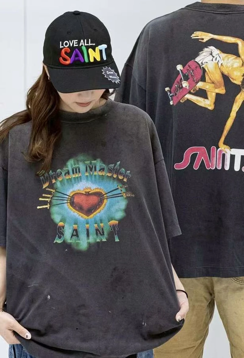 Kanye West Vintage Casual Baggy American Retro Casual Love Printing Short Sleeve Tee Tops Oversize T