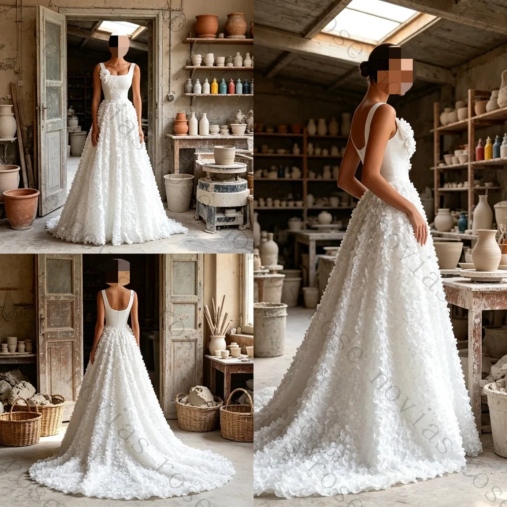 Customized 2026 Square Neck Sleeveless A-line Wedding Dress with Floral Decals and Sweeping Patterns Elegant Satin Bridal Gown
