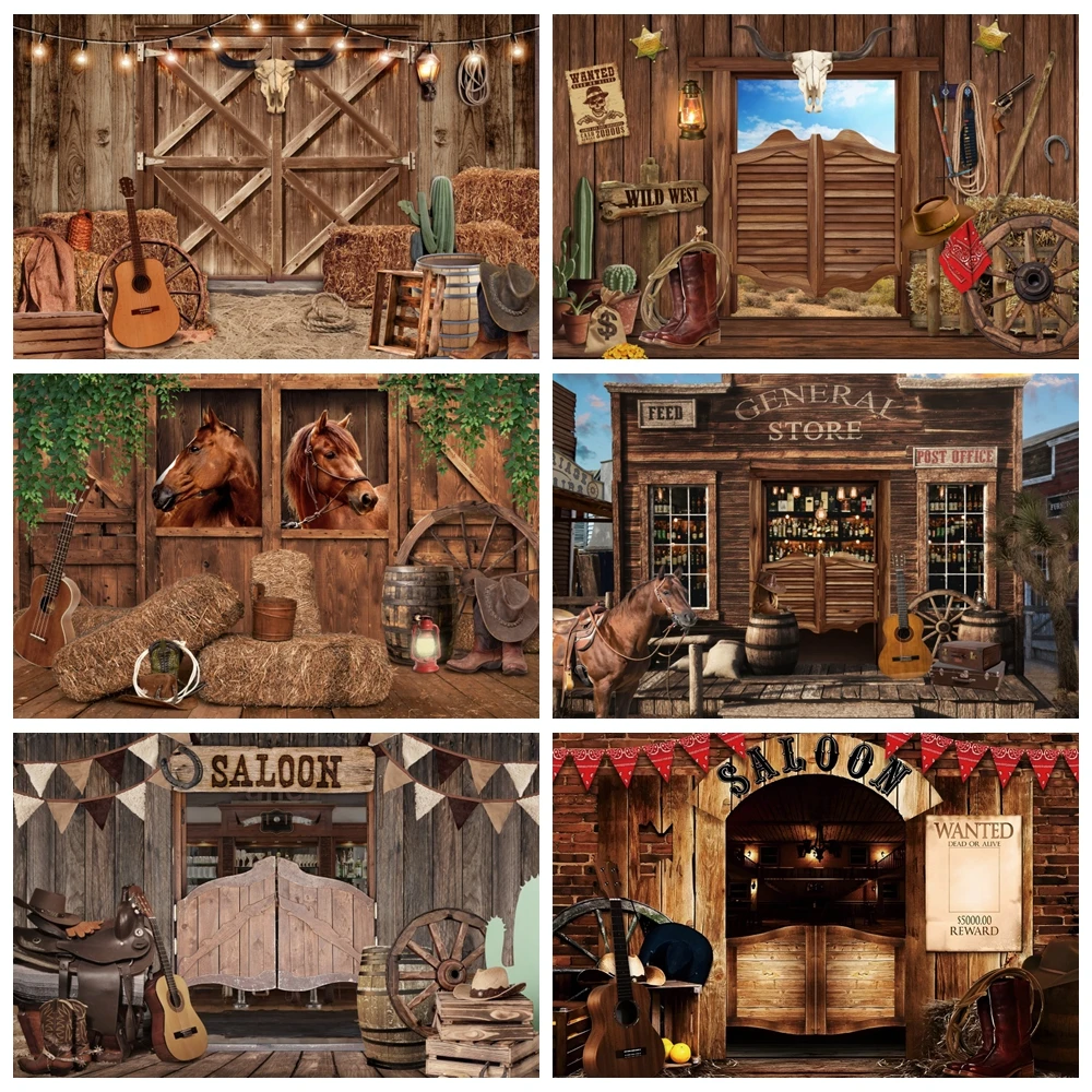 Western Cowboy Backdrop for Photography Wild West Rustic Farm Barn Wooden House Birthday Party Kids Portrait Photo Background