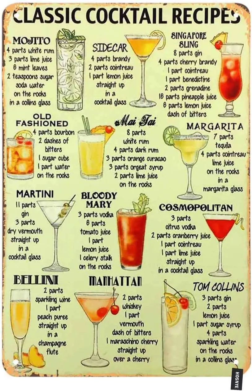 HOSNYE recetas de cócteles clásicas letrero de estaño tipos de cerveza vino bebida lista cartel Vintage carteles de estaño de Metal para hombres mujeres arte de la pared Dec