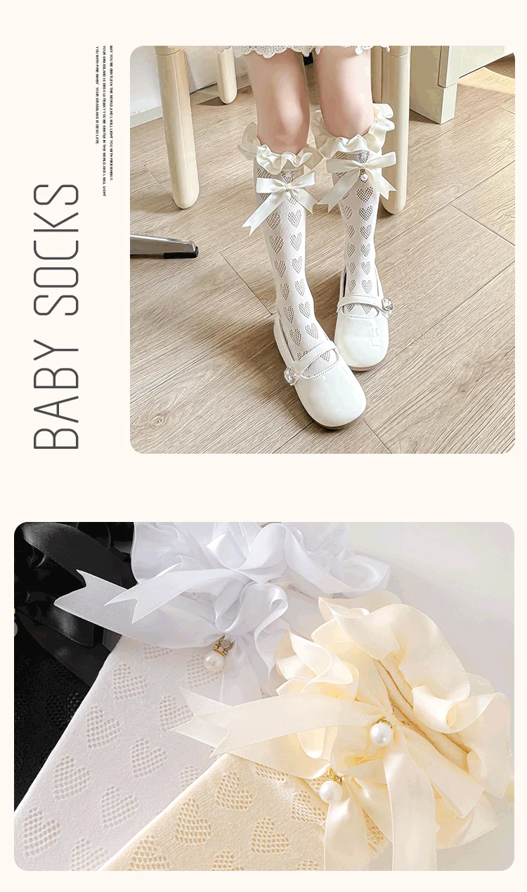 Baby Kinder Großer Perlenanhänger Lange Lolita Socken Hohle Netz-Herz-Overknee-Socken mit Schleife Prinzessin Mädchen Kawaii Strümpfe – Detail 6