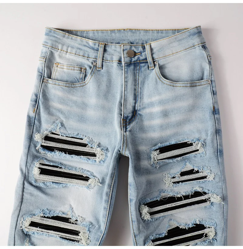 Herren Schwarze Plissierte Patch-Biker-Jeans Streetwear Hellblaue Stretch-Denim-Hose Zerrissene Skinny Tapered Hose – Detail 6