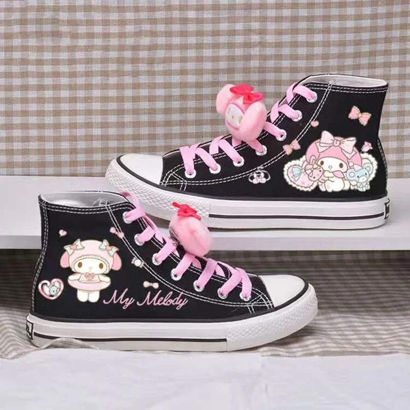 Sanrio My Melody Kuromi Spring Autumn Student High-top Canvas Shoes Cute Girl Vulcanized Shoes Sweet Girl Graffiti Sneakers