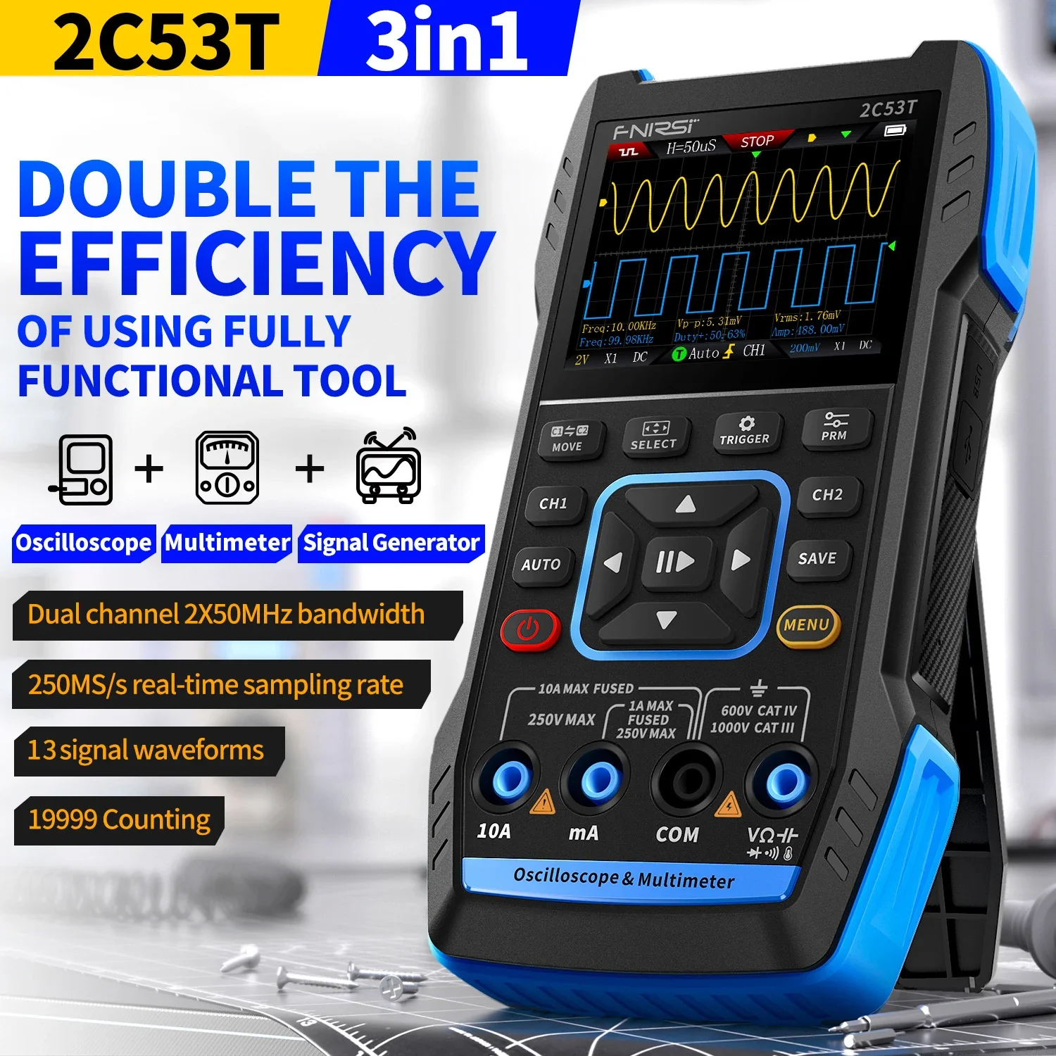 2C53T Upgrade 3-in-1 Oscilloscope Multimeter Signal Generator with 50MHz Bandwidth 250MS Rate Dual Channel and 20000 Counts