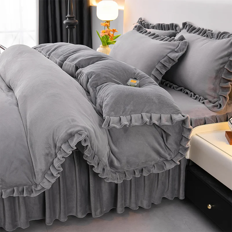 WASART Winter Warm Coral Fleece Down Duvet Cover Lotus Leaf Edge Couple Quilt Cover Luxury Double Bed Bedding King Size 220x240