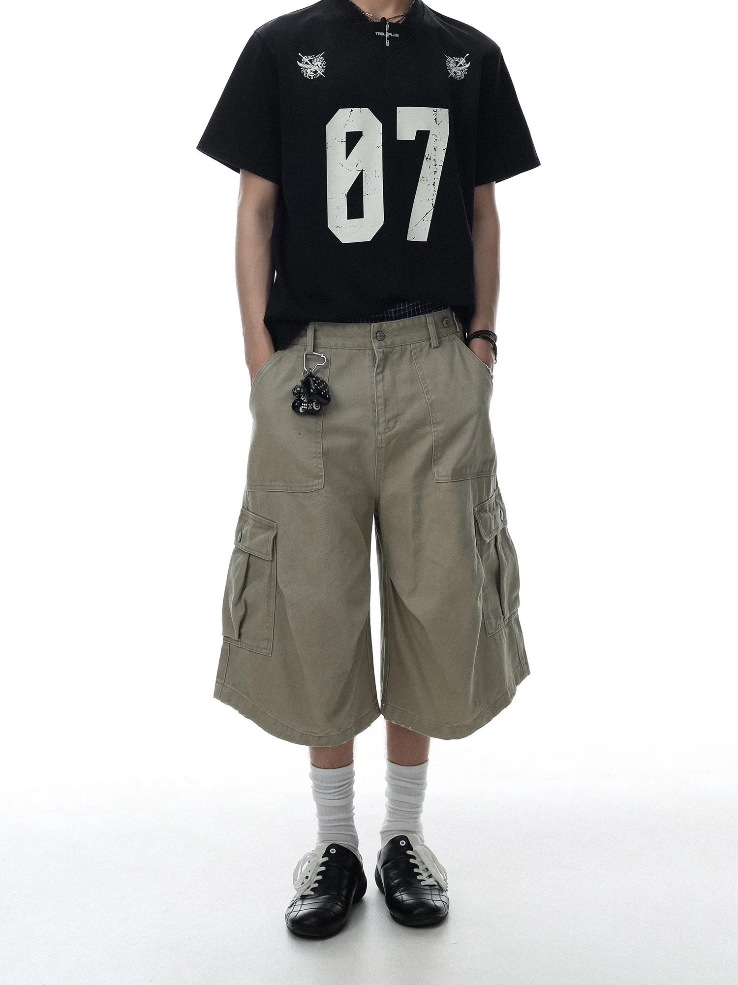 Casual American Retro Pleated Design Men's Summer Loose Multi-Pocket Work Pants Trendy Seven-Foot Cotton Straight Leg Trousers