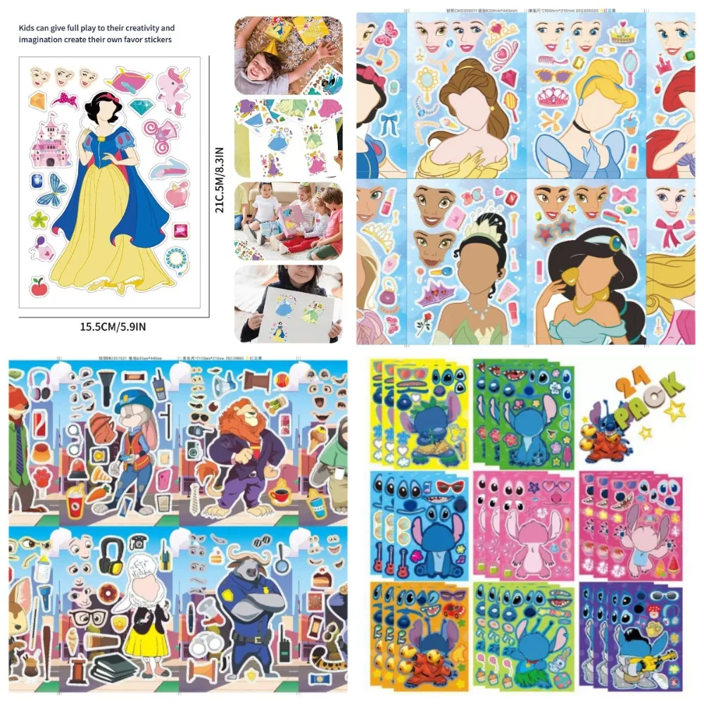 

8Sheets Make Your Own Disney Princess Puzzle Stickers Children Game Make-a-Face Assemble Jigsaw DIY Toys Party Gift For Girls