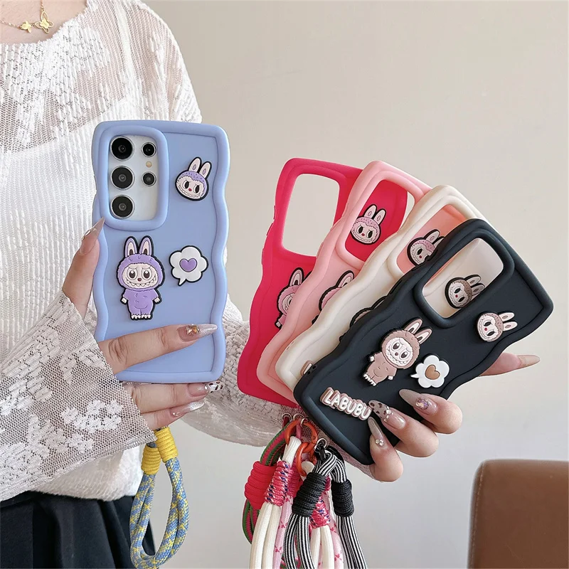 For Samsung Galaxy F14 F34 F54 F15 F55 C55 J7 2018 Prime Pro 3D Cartoon Labubu Wave Phone Case Bracelet Wrist strap Soft Cover