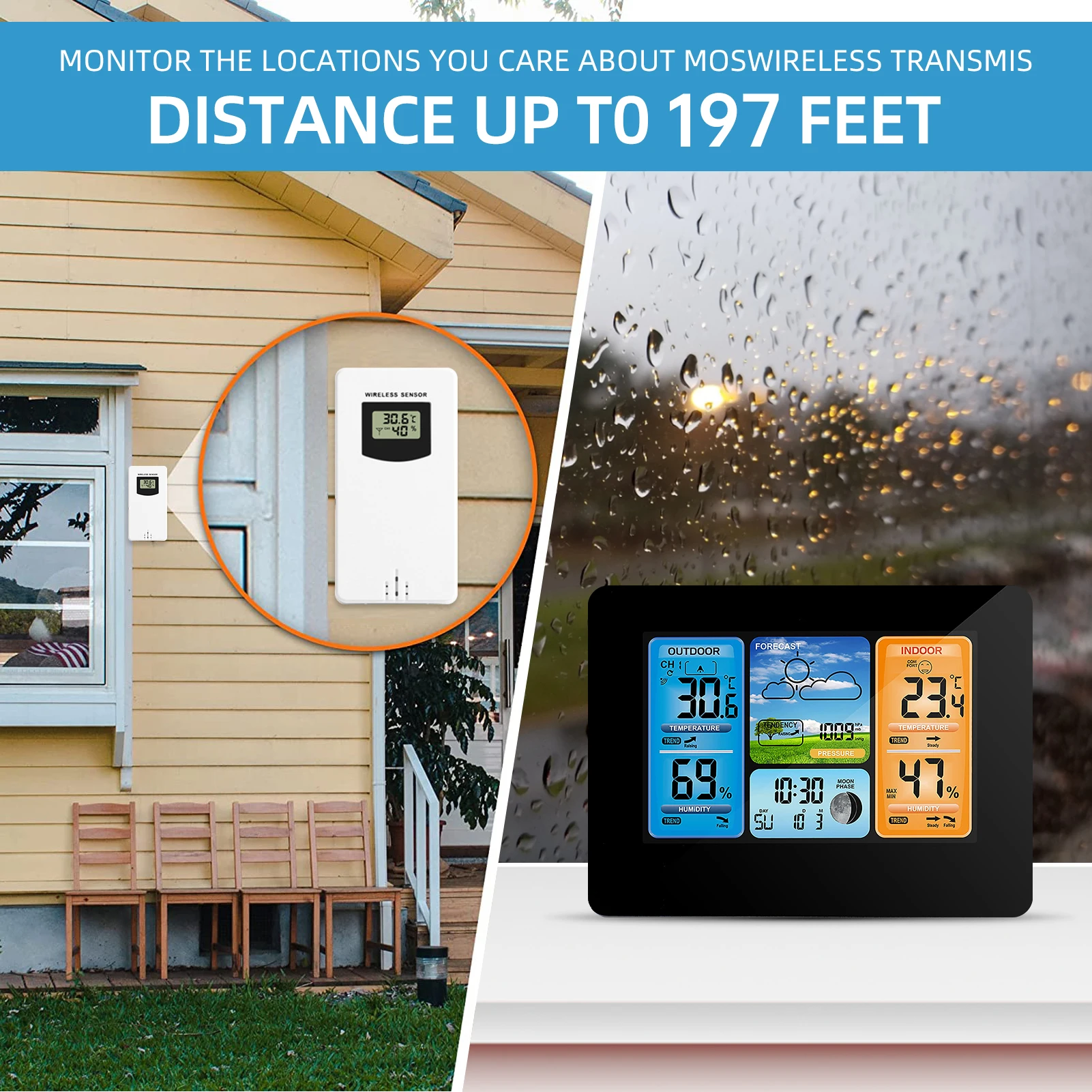 Thermometer Wireless, Weather Station with Atomic Clock,USB197FT(60M) Temperature Humidity Meter, HD Weather Thermometer