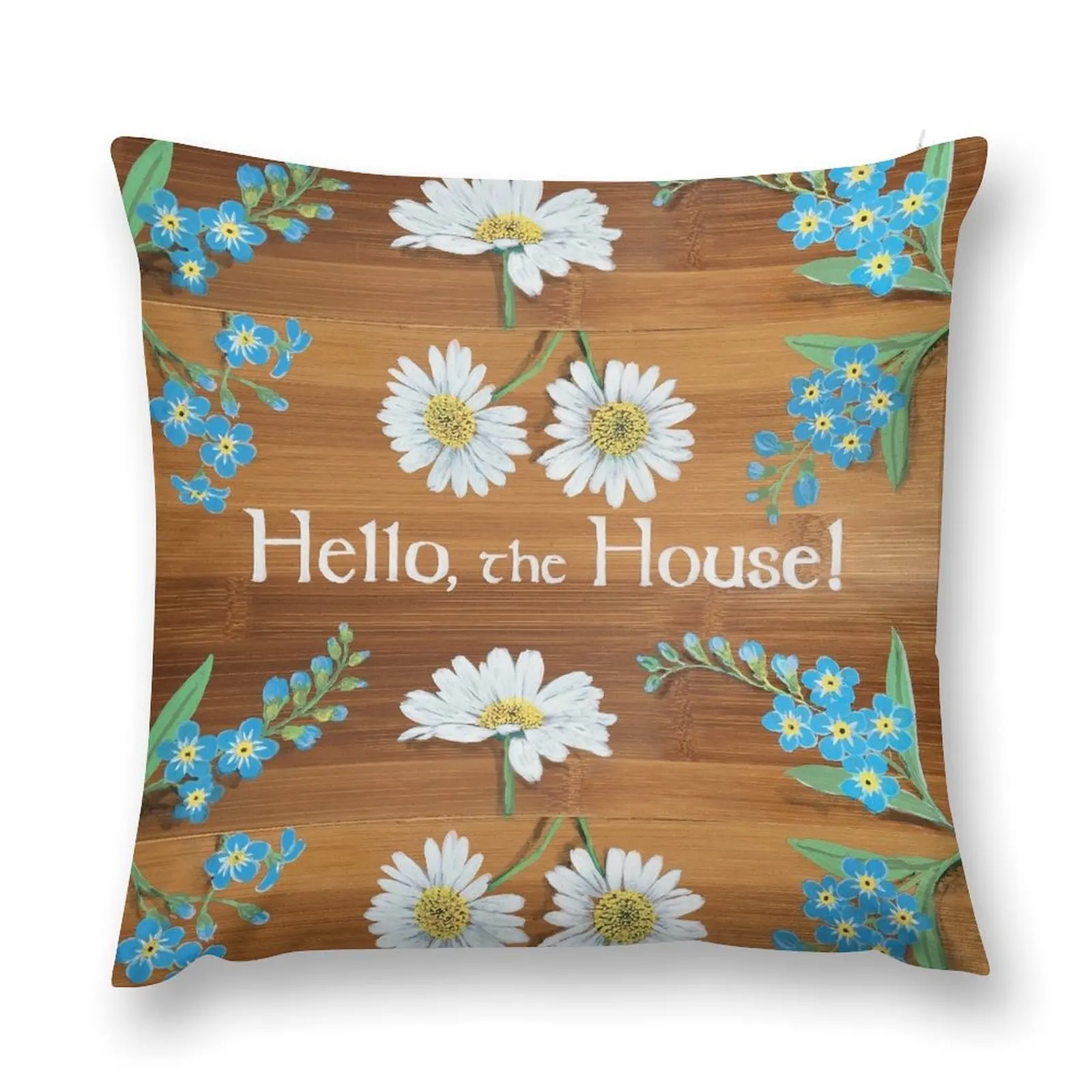 Hello the house forget me nots chamomile daisies strawberry flowers on wood painting art sign welcome greeting by L Throw Pillow