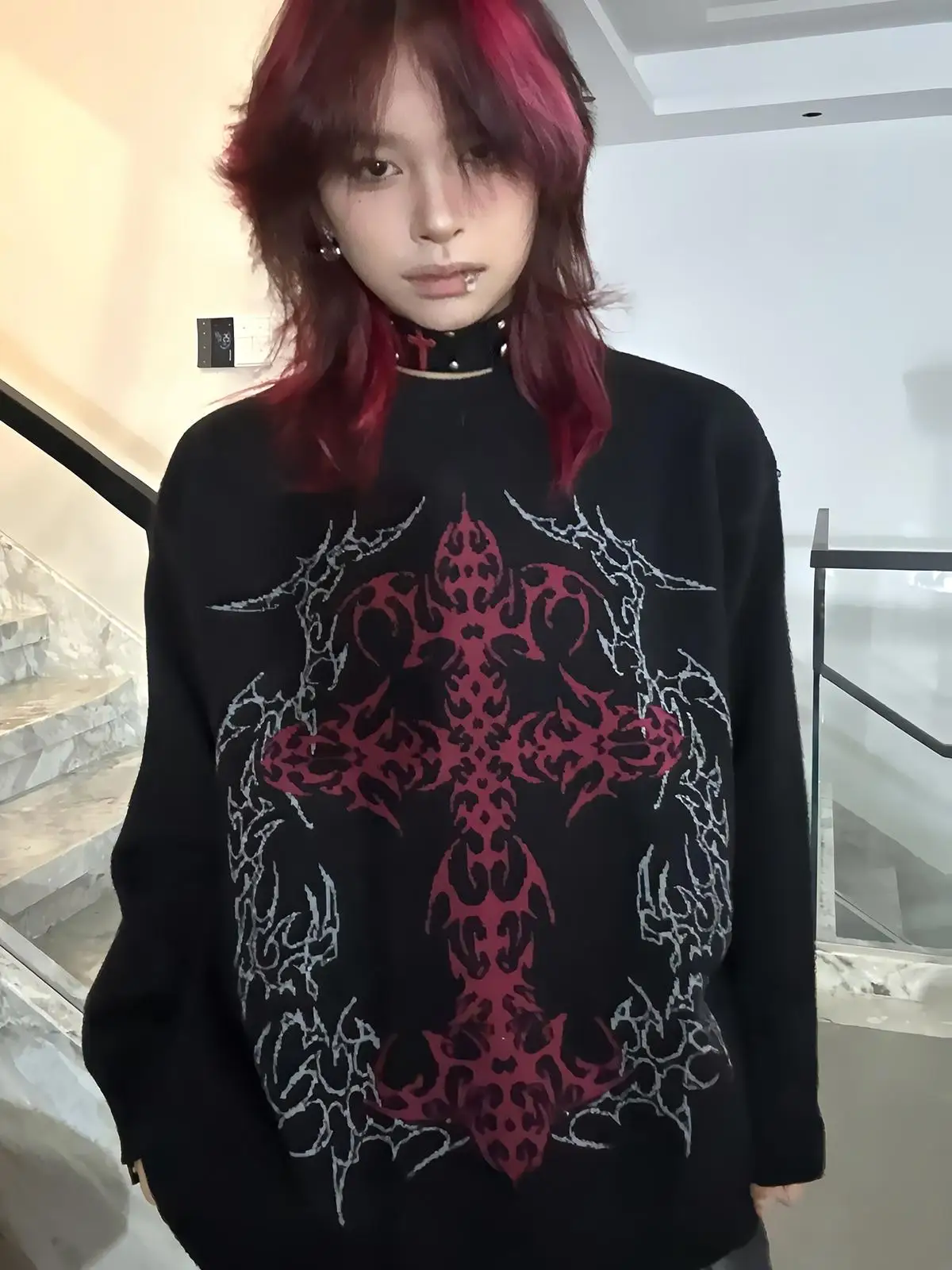 

Street Style Loose Fit Overhead Sweater Punk Style Women's Autumn Winter Fashion Casual round Neck Cartoon Print Top