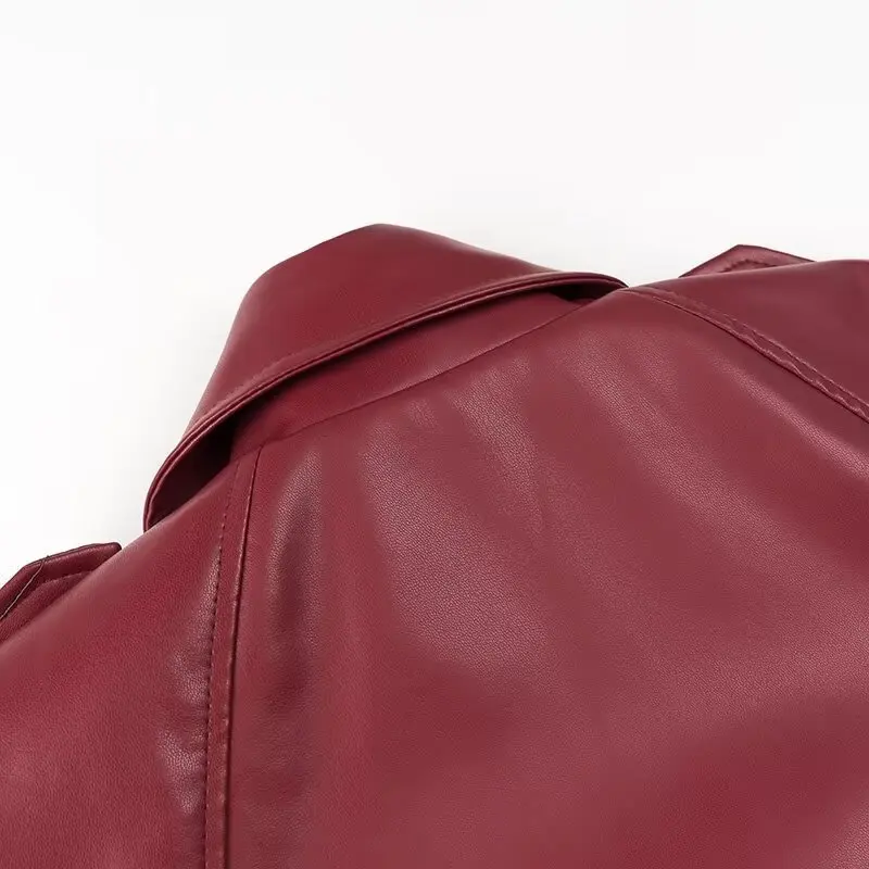 Suninheart 2024 Winter Autumn Vintage Faux Leather Jacket Coat Chic Short Belt Bomber Jackets for Women Wine Street Outwear