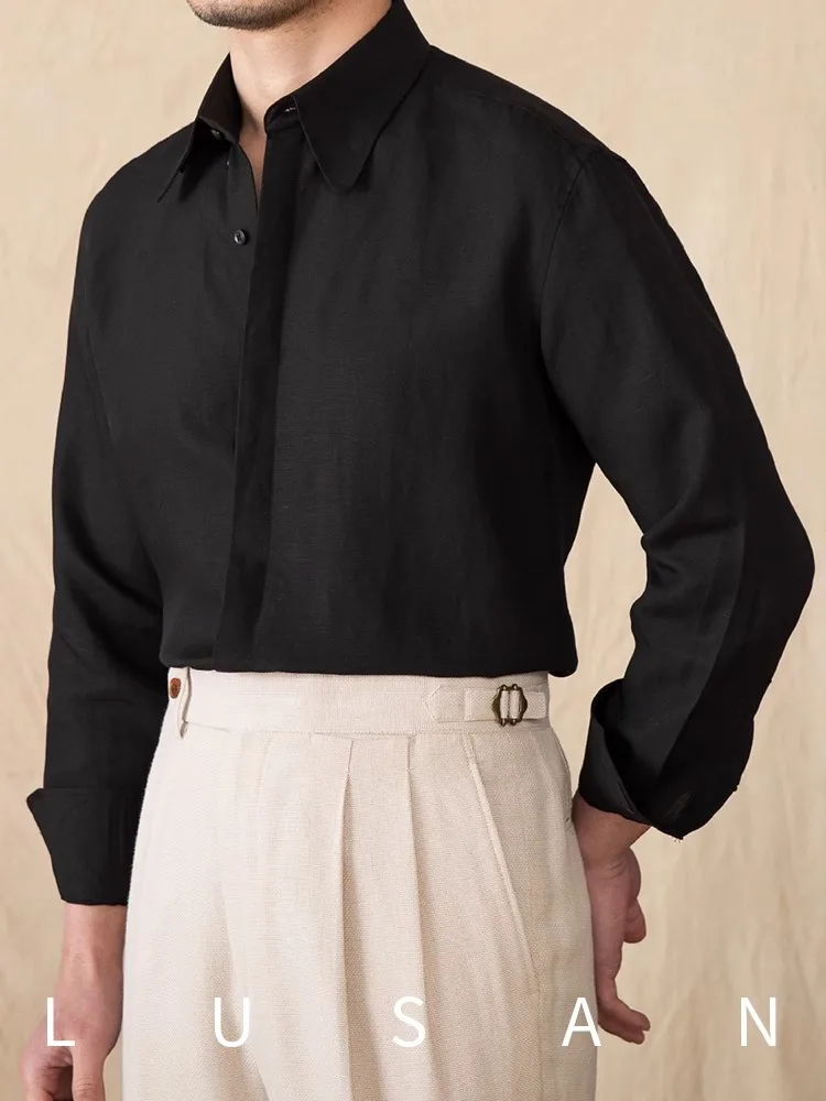 

Men's Lyocell Linen Long Sleeve Shirt - Spring Summer Skin-Friendly Drape Breathable Casual Retro
