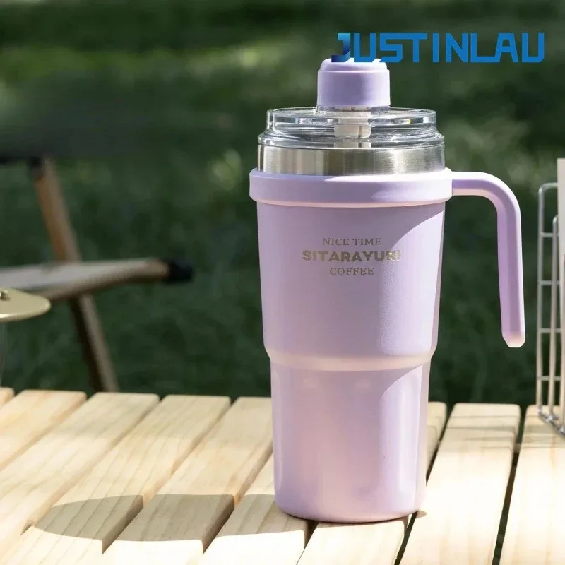 

600ml stainless steel insulated travel mug with straw, double wall vacuum thermos cup for iced drinks and coffee