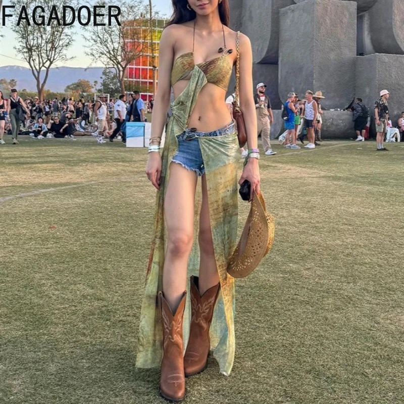 FAGADOER Set da due pezzi stampato estetico sexy da donna con fasciatura all'americana e canottiera irregolare + gonne divise laterali alte streetwear femminile