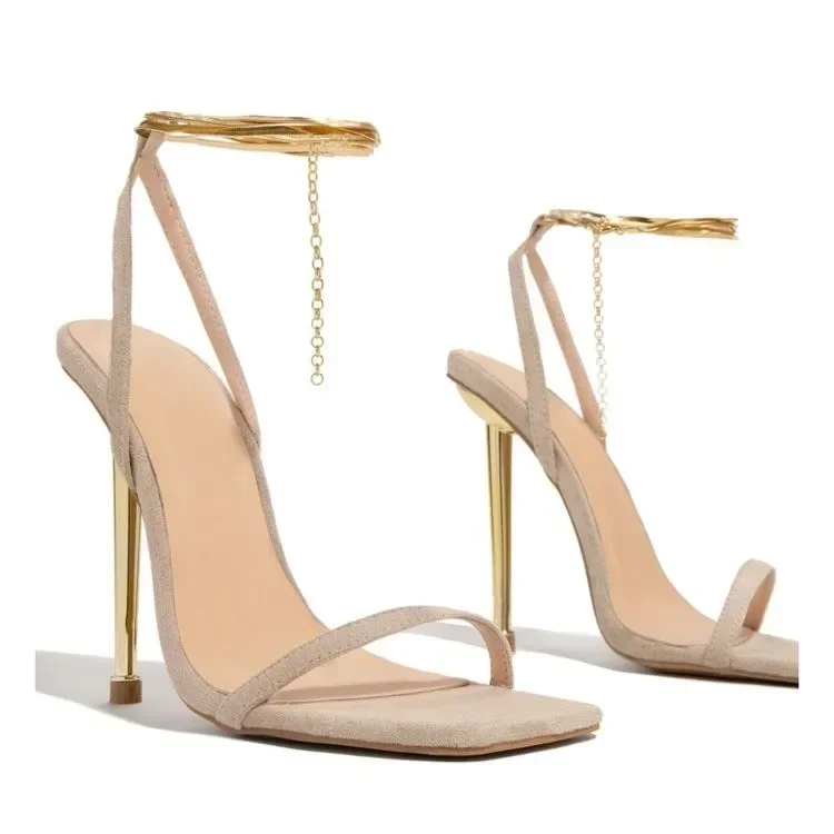 2024 Summer Women\'s High Heels Open Toed Strap Solid Color Luxury Women\'s High Heel Dress Party Limited Edition Gold High Heels